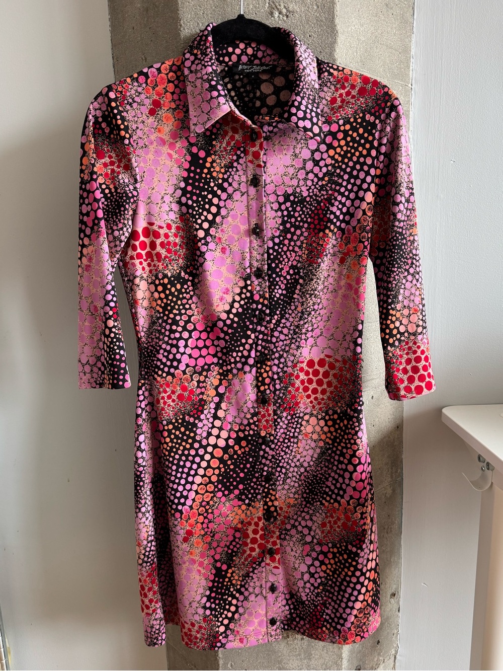 Vintage Betsey Johnson Pink Dot-Print Button Up Dress S